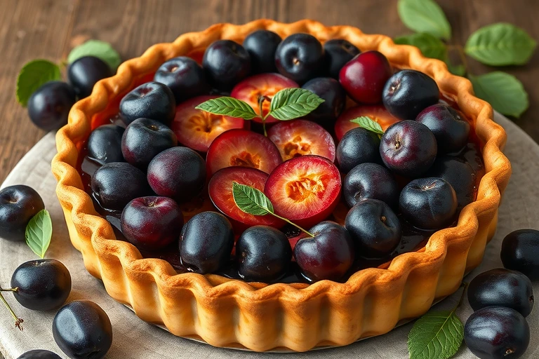 A homemade plum pie with organic plums